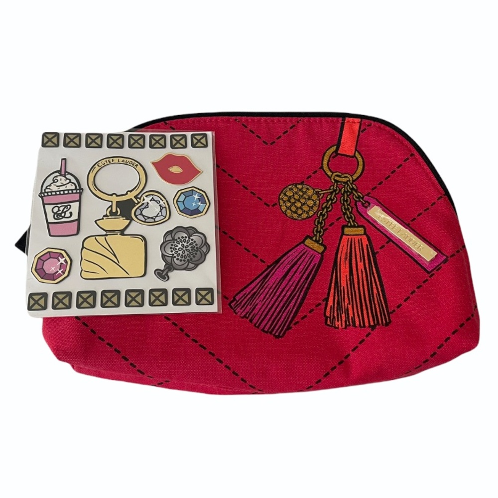 NWOT Red Estée Lauder Makeup Bag plus Stickers